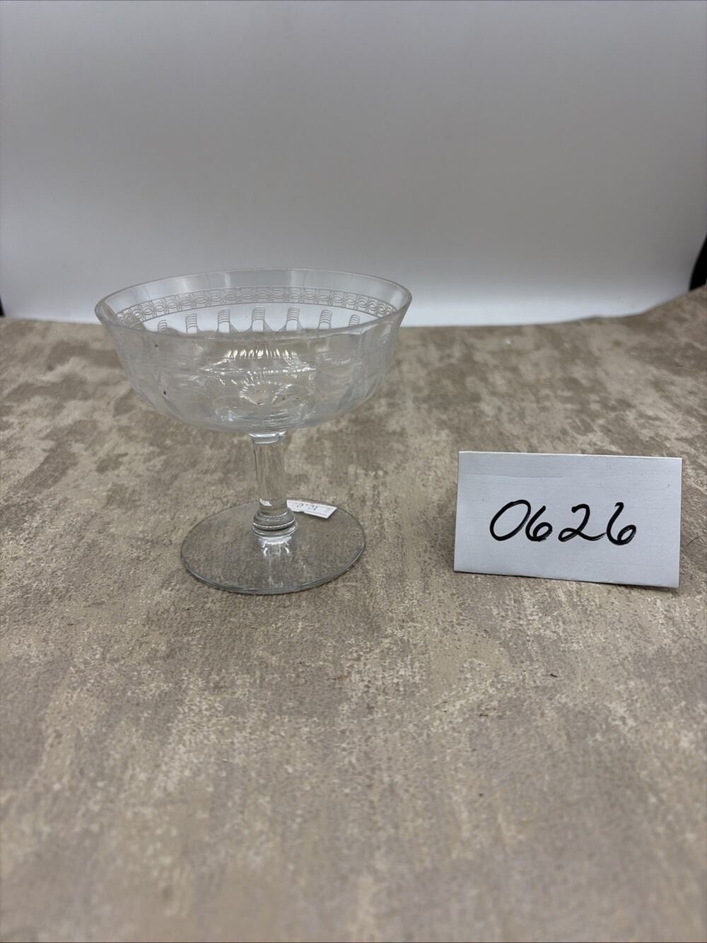 Vintage Champagne Coupe Glass With Delicate Etched Geometrical Pattern 3.5” Tall
